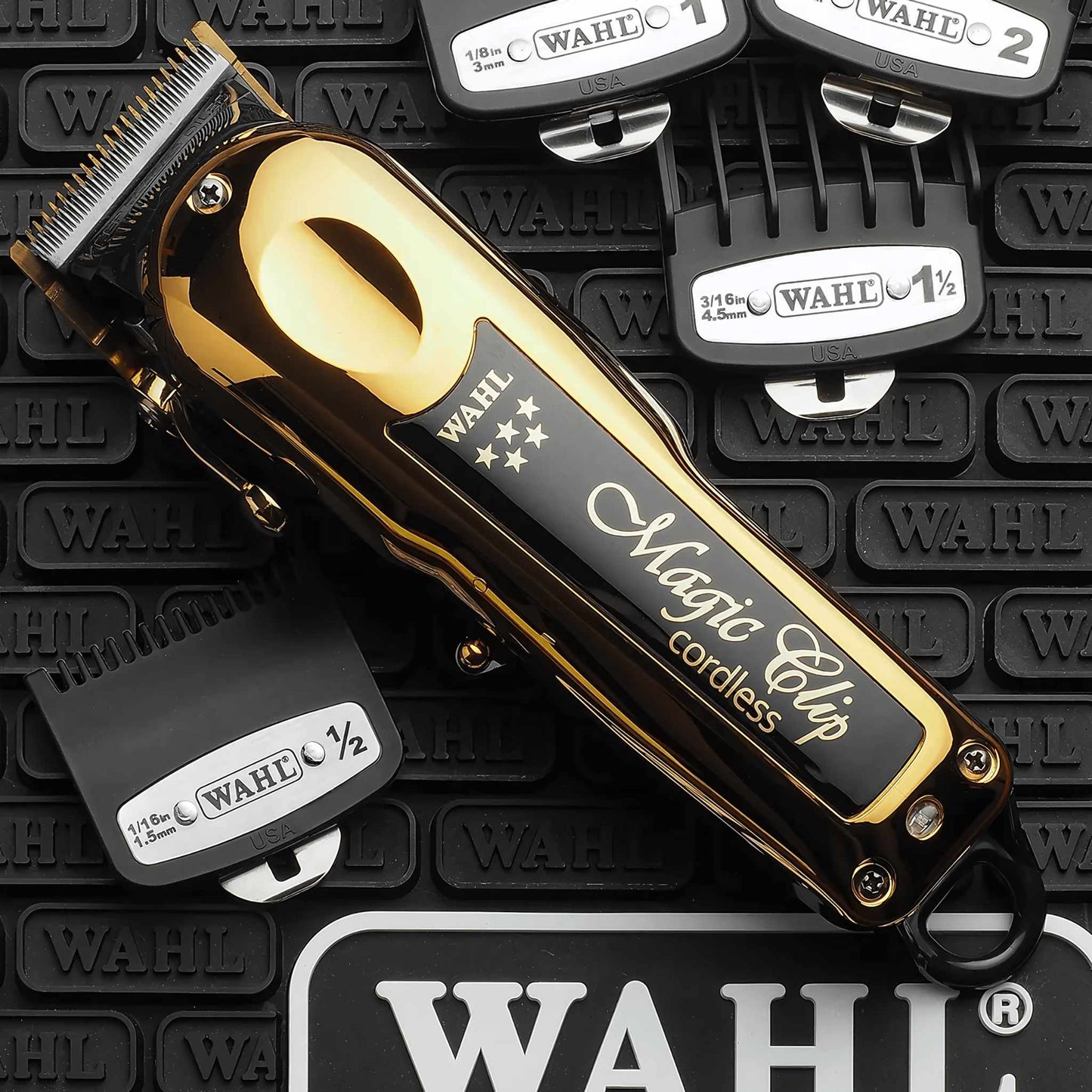 Wahl Magic Clipper Cordless Gold on mat with blades